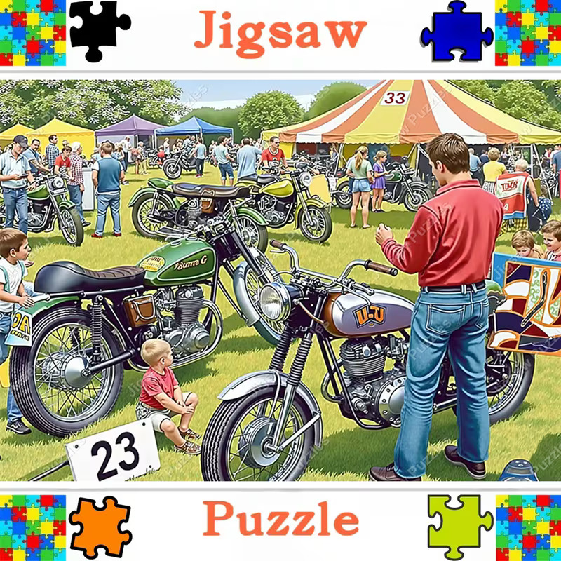 Illustration of vintage motorcycles at an outdoor fair with people, tents, and a puzzle-themed border