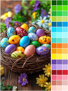 Colorful decorated Easter eggs in woven nest with purple and yellow flowers
