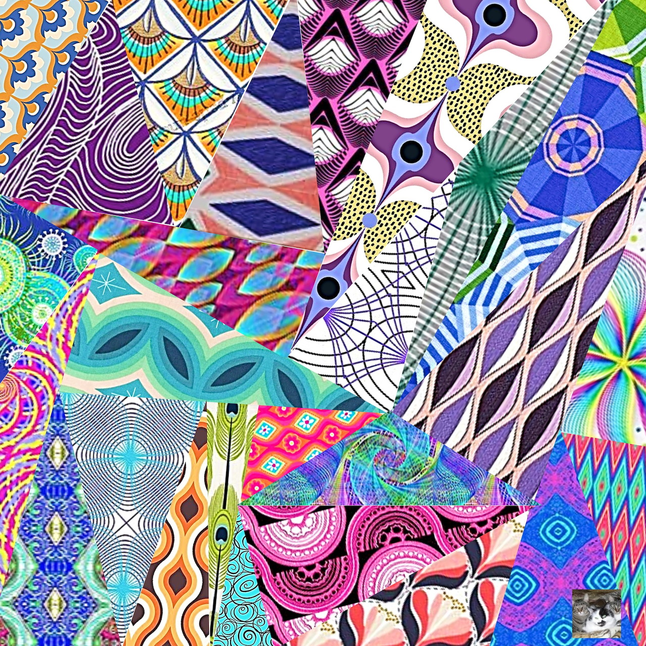 Colorful abstract collage with geometric patterns, spirals, and psychedelic designs in bright rainbow hues
