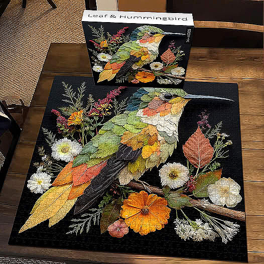 Completed jigsaw puzzle and box featuring a colorful hummingbird made of leaves and flowers