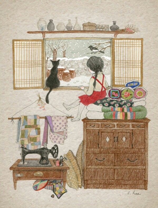Illustration of traditional Asian room with wooden furniture, screens, pottery and decorative items