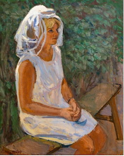 Painting of a seated woman in a white dress and veil, sitting with hands folded