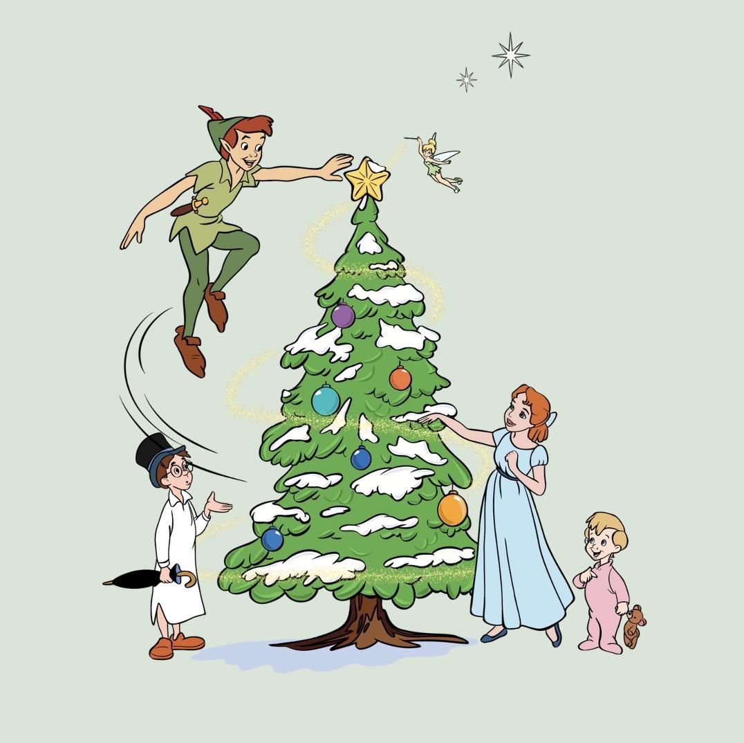 Peter Pan flying near Christmas tree with Wendy, Michael, and children, Tinker Bell above, vintage Disney illustration