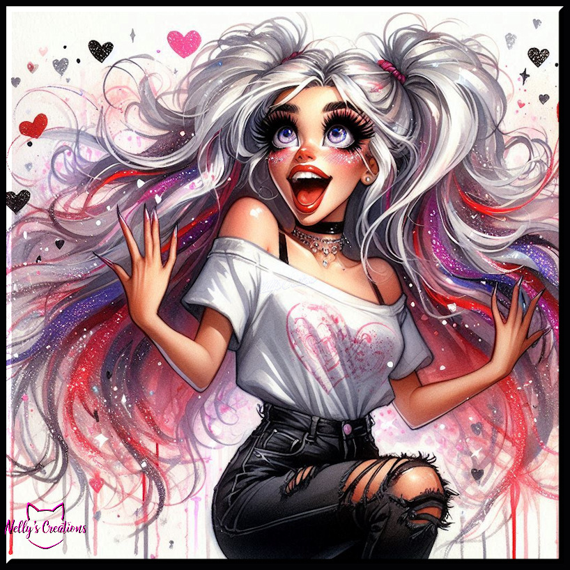 Stylized excited girl with long silver hair, dramatic eyes, white shirt, and ripped black jeans