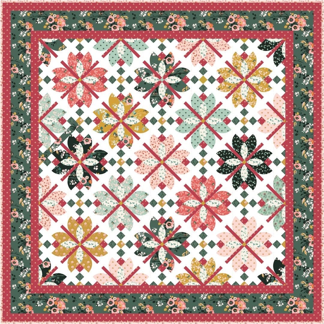 Square quilt with repeating star-shaped flower blocks, diamond lattice, and floral border in pink, yellow, and black
