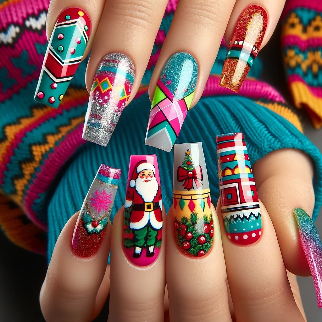 Two hands displaying elaborate Christmas-themed nail art with Santa, nutcracker, and festive patterns