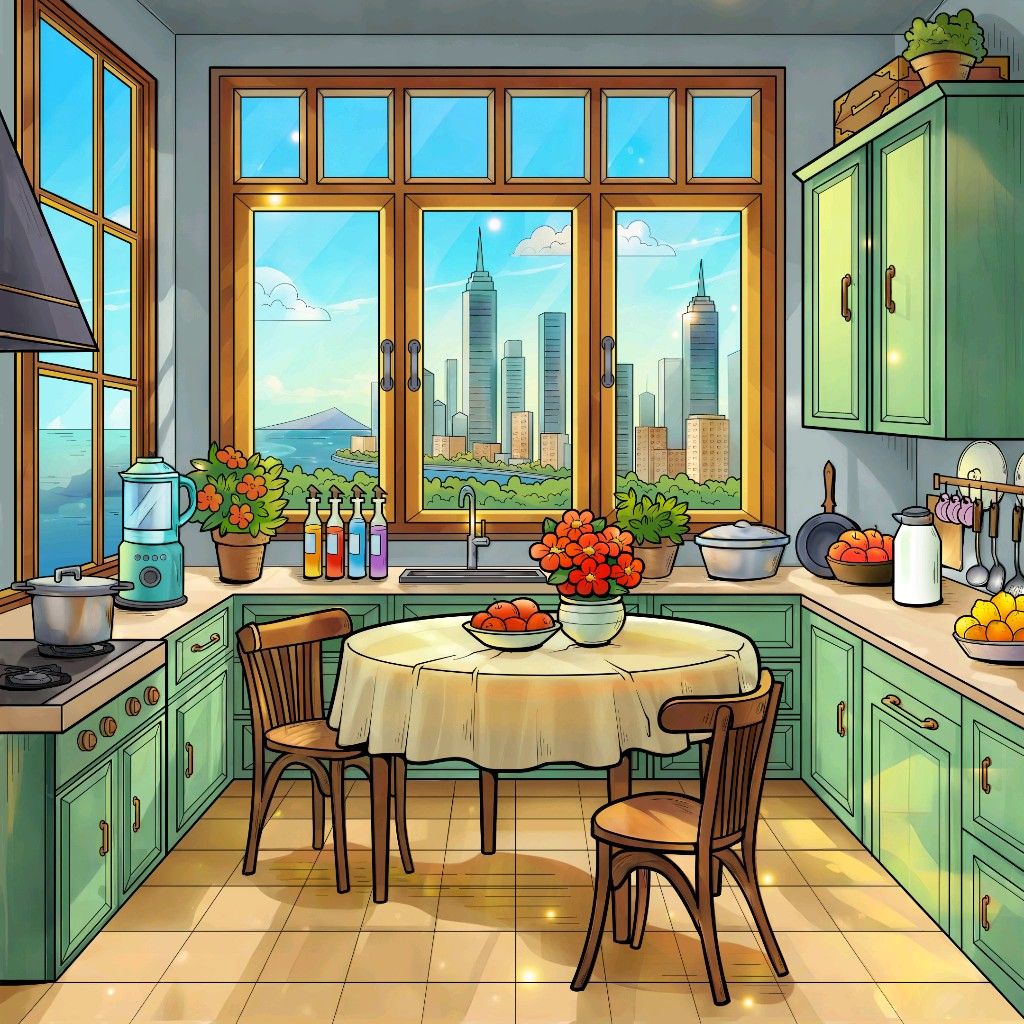 Illustrated kitchen with green cabinets, table with yellow cloth, flowers, and city view through windows