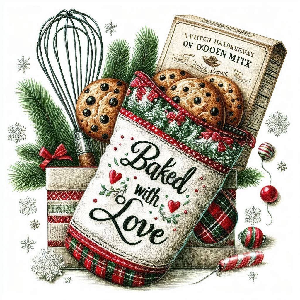 Christmas oven mitts with cookies, whisk, pine branches, and holiday baking items