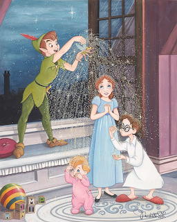 Peter Pan sprinkling pixie dust on Wendy and children in nursery room