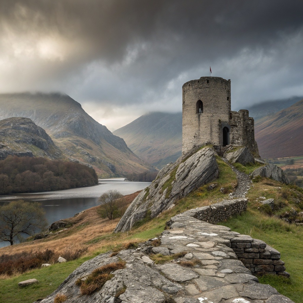 Ancient castle tower on rocky hill above lake with mountains and stormy clouds