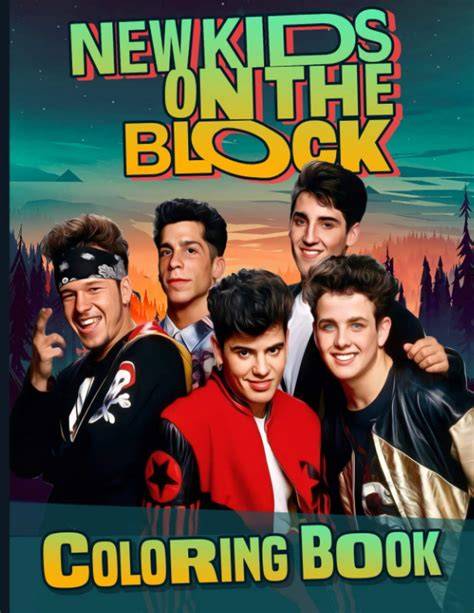 New Kids on the Block coloring book cover with five young men posed together