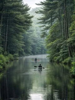 Two people kayaking on a tranquil forest river with tall trees and misty green canopy