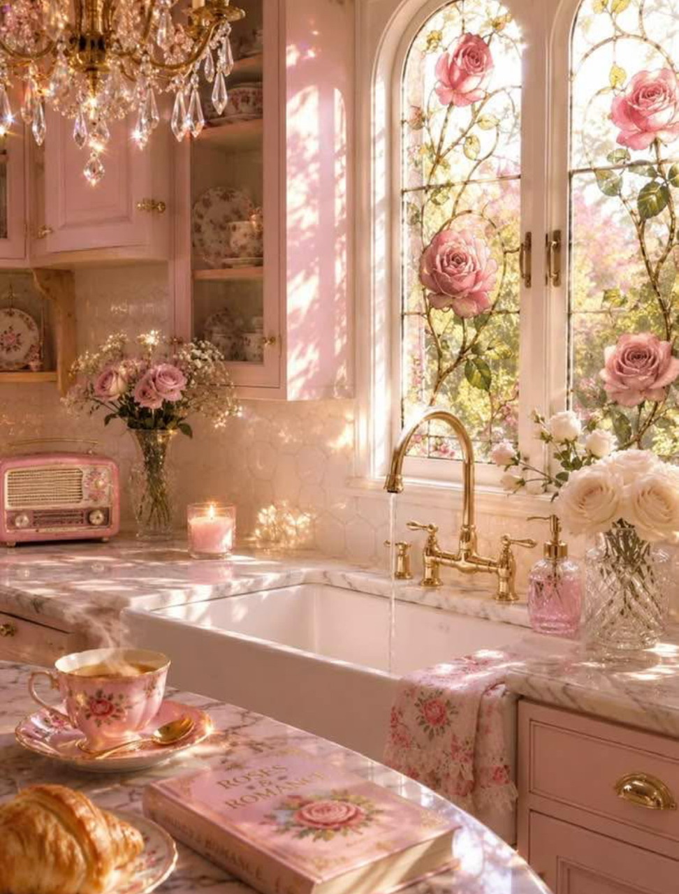 Dreamy pink cottage kitchen with roses, crystal chandelier, marble counter, and arched window with sunlight