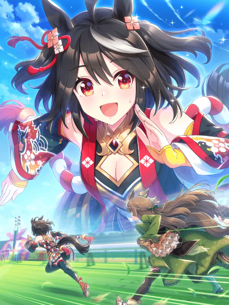 Kitasan Black anime character from Umamusume Pretty Derby in red racing outfit on a racetrack field