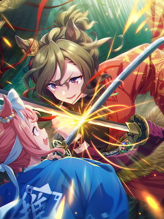 Two anime girls with swords clashing in dynamic action pose, one in red and one in blue kimono