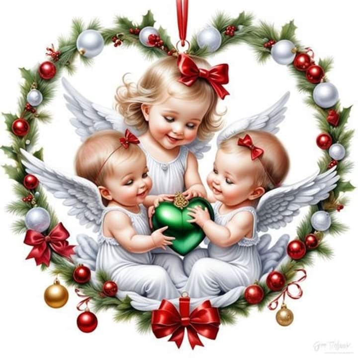 Three baby angels with wings holding ornament inside Christmas wreath with pine branches, baubles and red bows