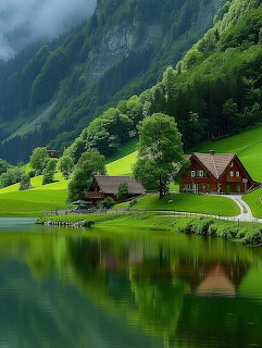 Wooden chalets on green hillside beside a calm lake reflecting mountains and trees