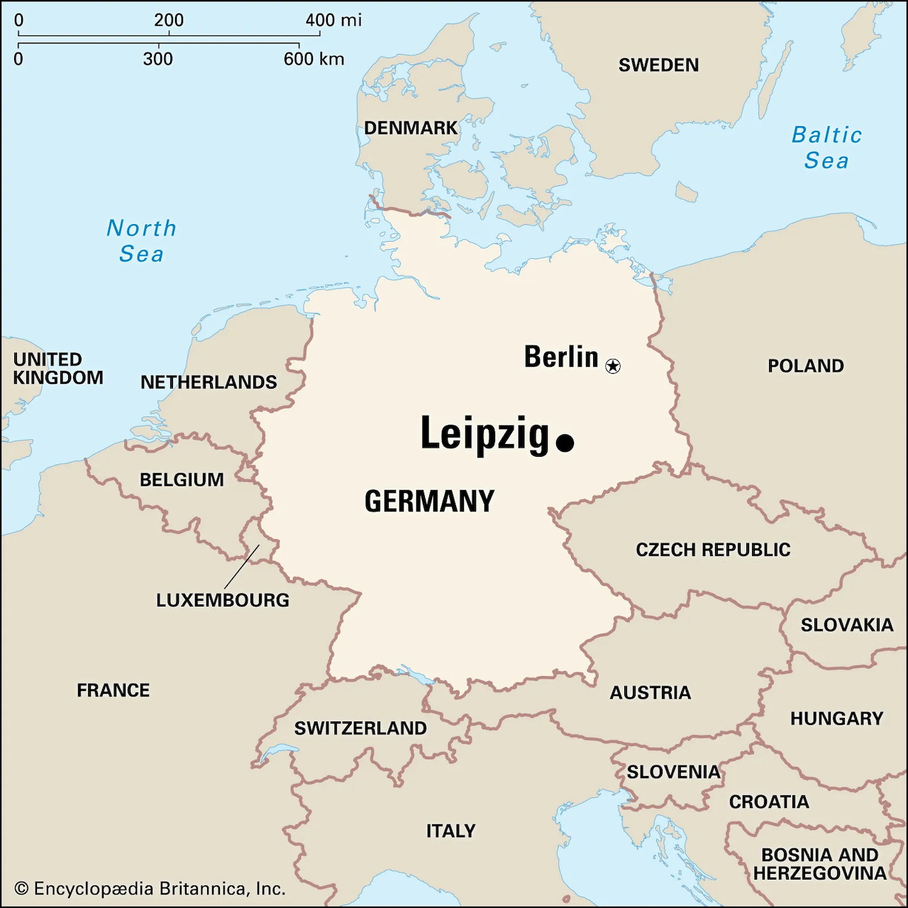 Map of Germany highlighting Leipzig and Berlin with nearby European countries