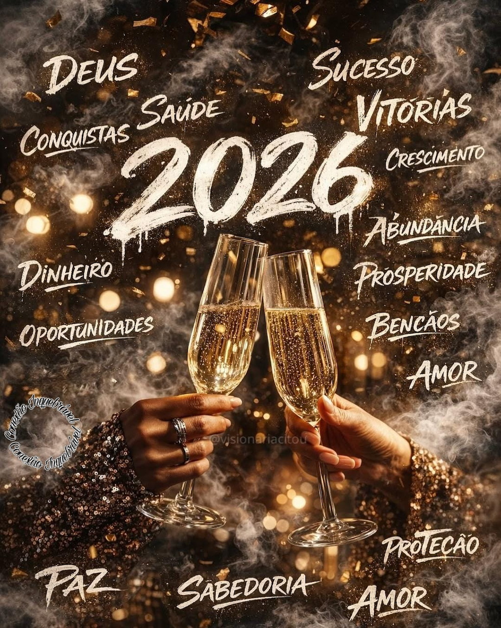 Two hands clinking champagne flutes with '2026' and Portuguese words like Saúde, Sucesso, Amor on dark background