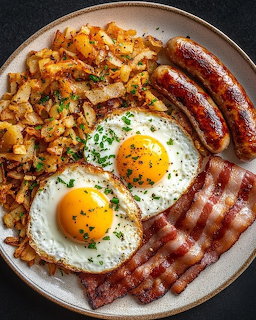 Overhead view of breakfast plate with fried eggs, bacon strips, sausages, and hash browns
