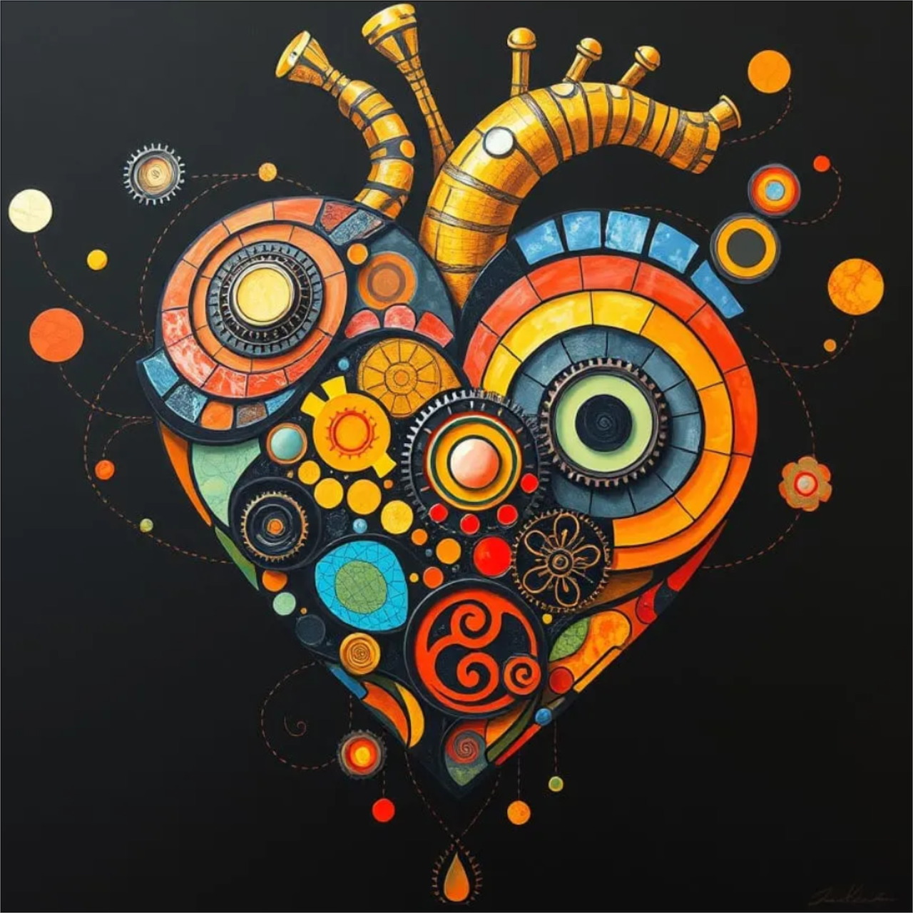 Colorful mechanical heart made of gears, cogs, and pipes in steampunk style against dark background
