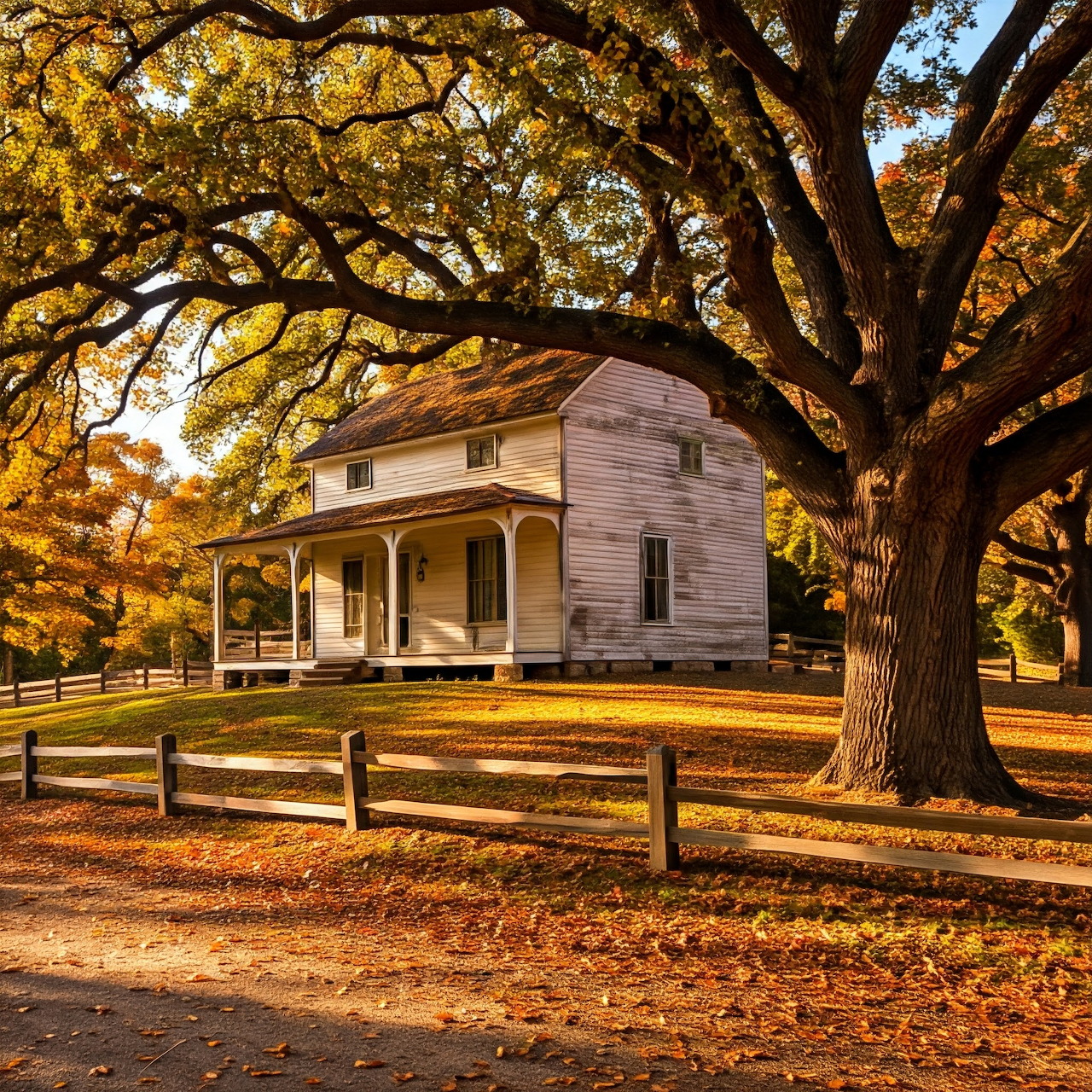 White farmhouse with porch under large oak trees with golden fall leaves and wooden fence