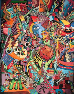 Colorful abstract tribal painting with faces, geometric shapes, and dense patterns in bold colors