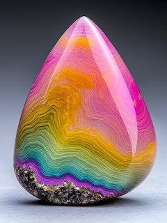 Polished rainbow agate gemstone in teardrop shape with colorful concentric bands