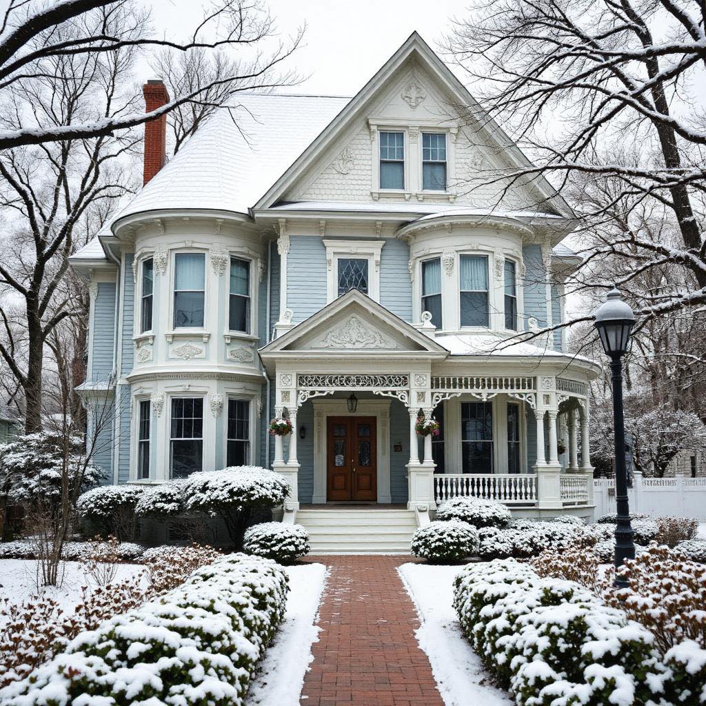 Snow-covered white Victorian house with bay windows and ornate porch details in winter