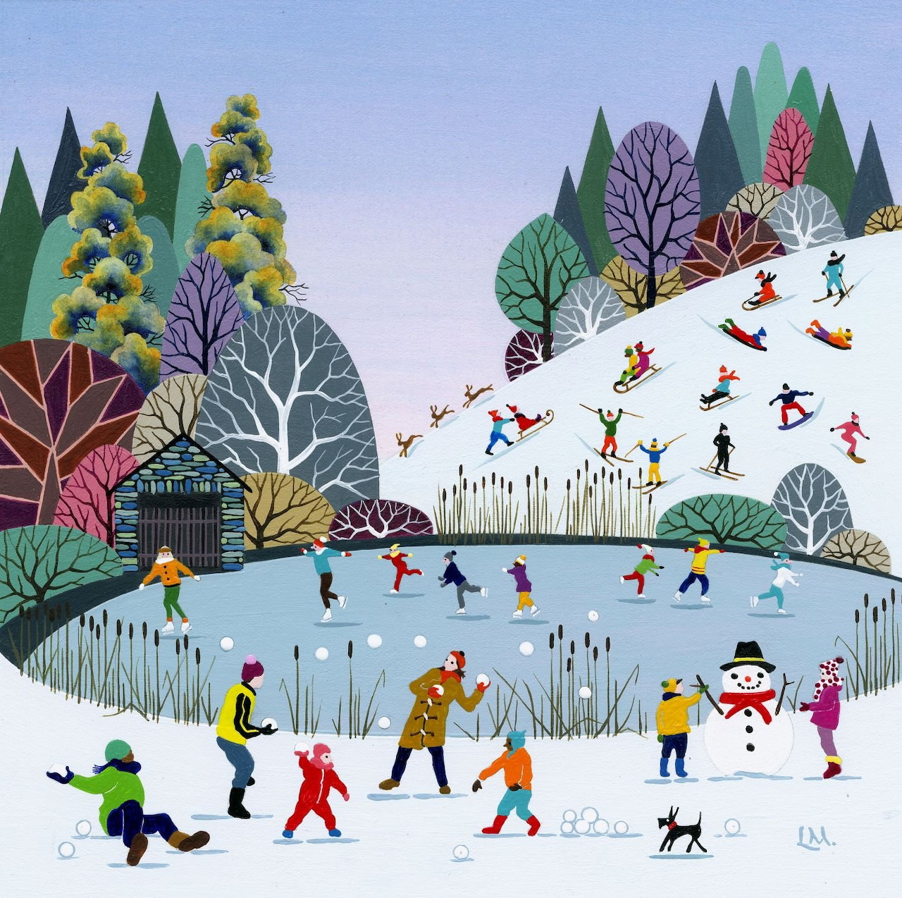Colorful winter illustration with people skiing, ice skating, and playing in the snow