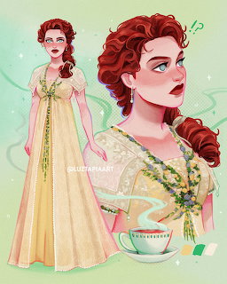 Fan art illustration of Rose from Titanic in a cream dress with red curly hair, shown in multiple poses