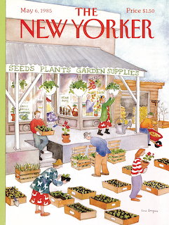 Illustrated New Yorker cover of people shopping at a seed and garden supply market stall
