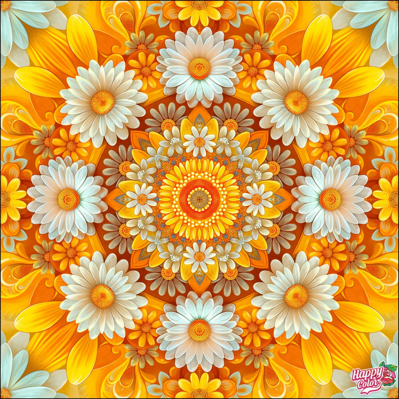 Circular mandala pattern of white and yellow daisies with orange centers arranged symmetrically in radiating rings