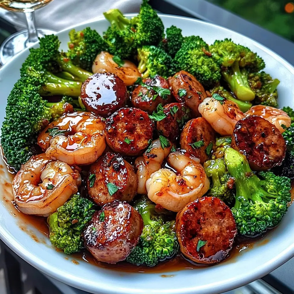 Plate of honey garlic shrimp, sausage slices, and broccoli florets garnished with herbs