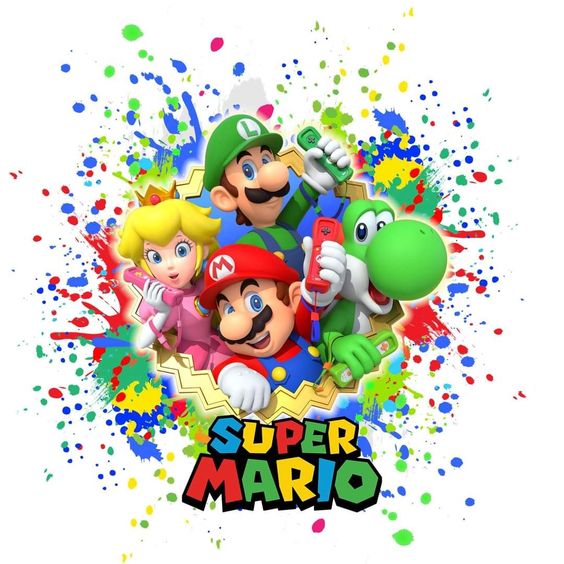 Mario, Luigi, Peach, and Yoshi with colorful paint splatter background and Super Mario logo