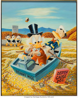 Scrooge McDuck on gold coins pile with money bin in desert setting