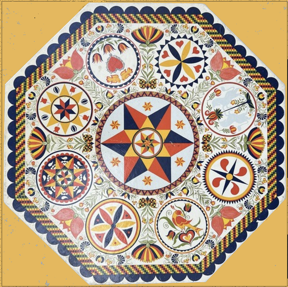 Octagonal arrangement of Pennsylvania Dutch hex signs with geometric stars and folk art floral patterns