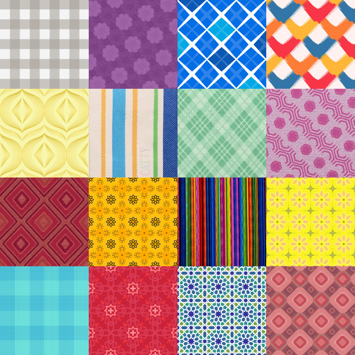 Grid of 16 colorful patchwork squares with various geometric patterns and textures