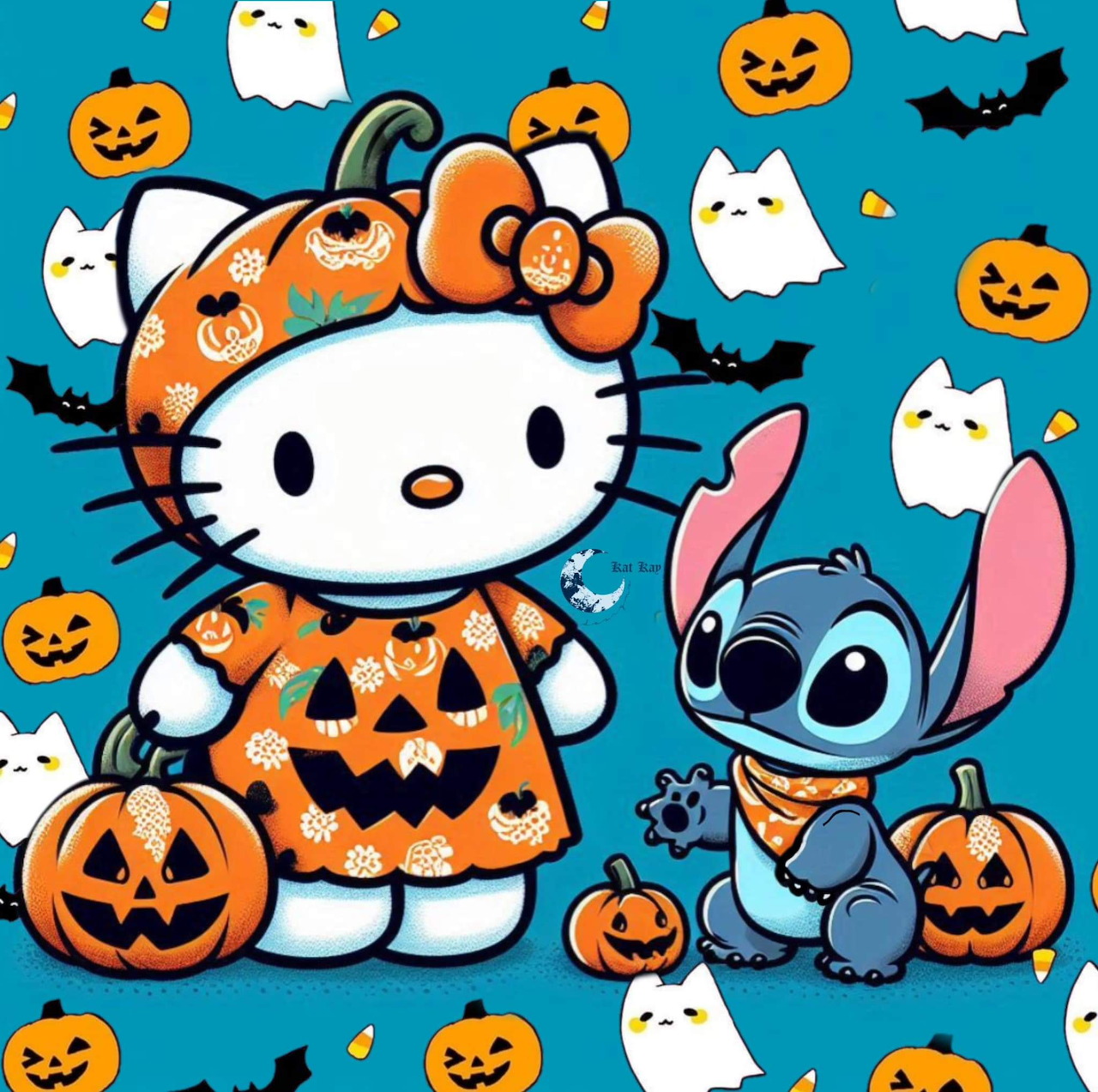 Hello Kitty and Stitch in Halloween costumes with pumpkins, ghosts, and bats on teal background