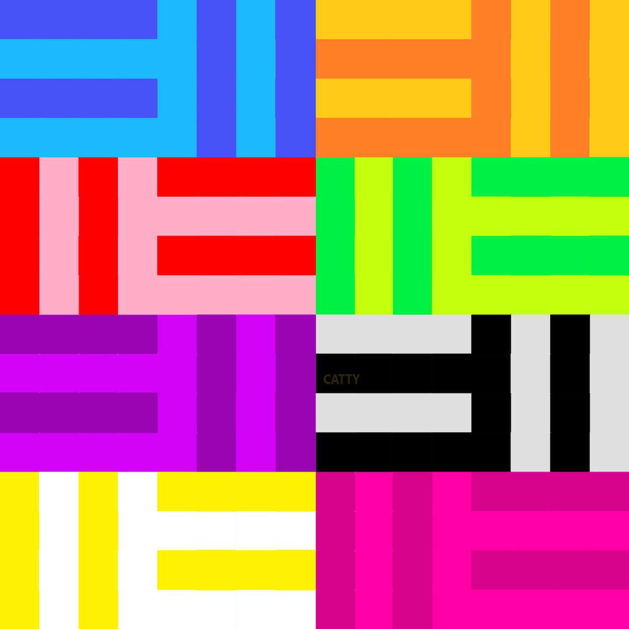 Grid of bright colored rectangular blocks in red, blue, green, yellow, purple, pink, orange, and black arranged geometrically