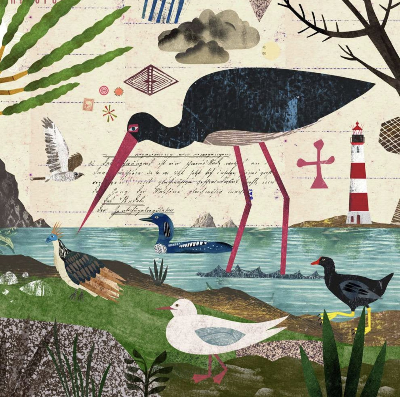 Stylized illustration of several birds by the shore with water and a lighthouse