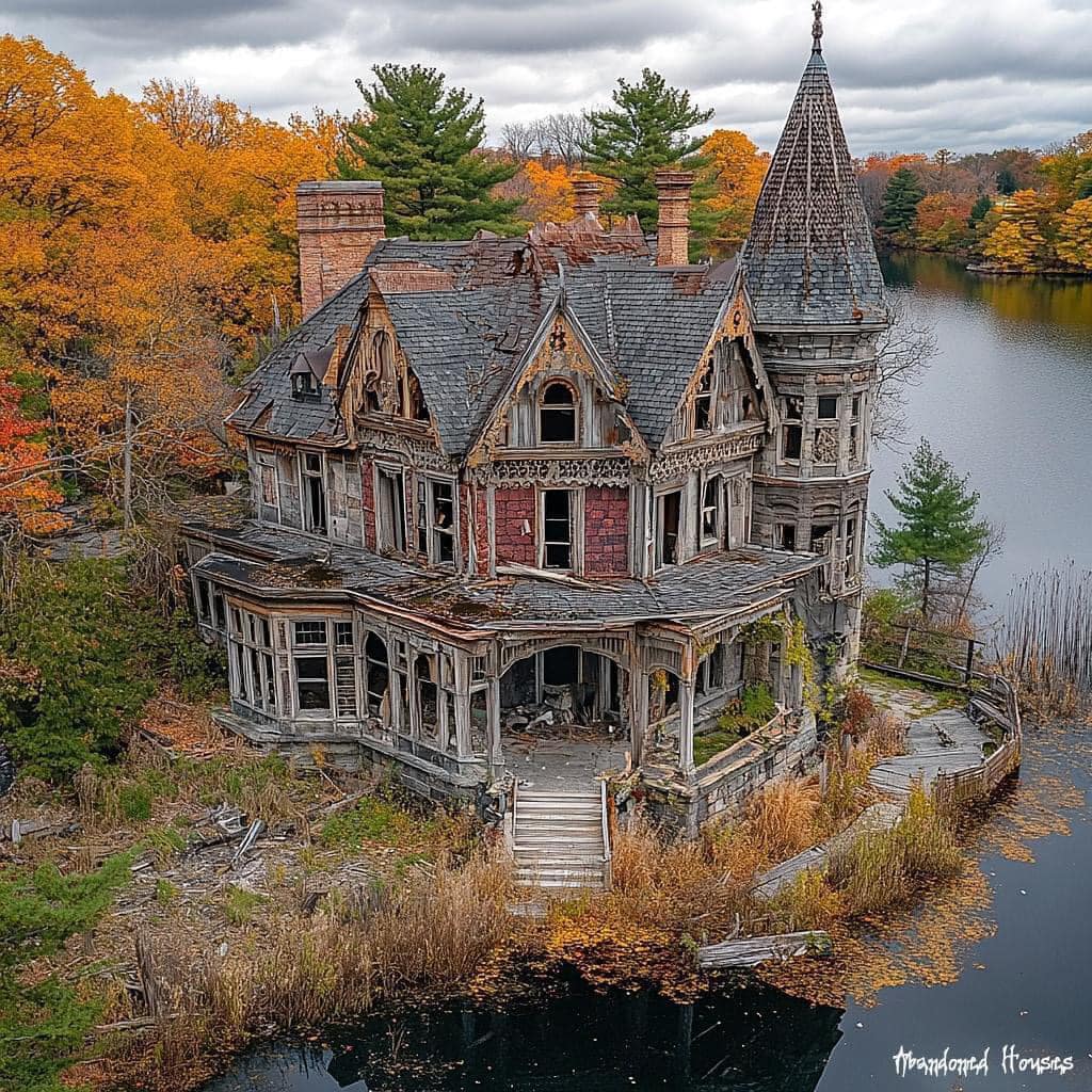 Abandoned Victorian house beside a lake with autumn trees and a cloudy sky