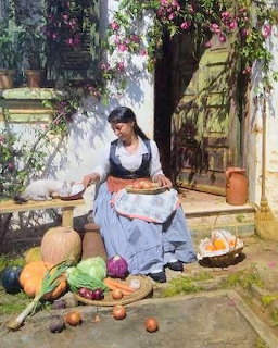 Painting of woman in blue dress with cat and vegetables in sunny garden courtyard