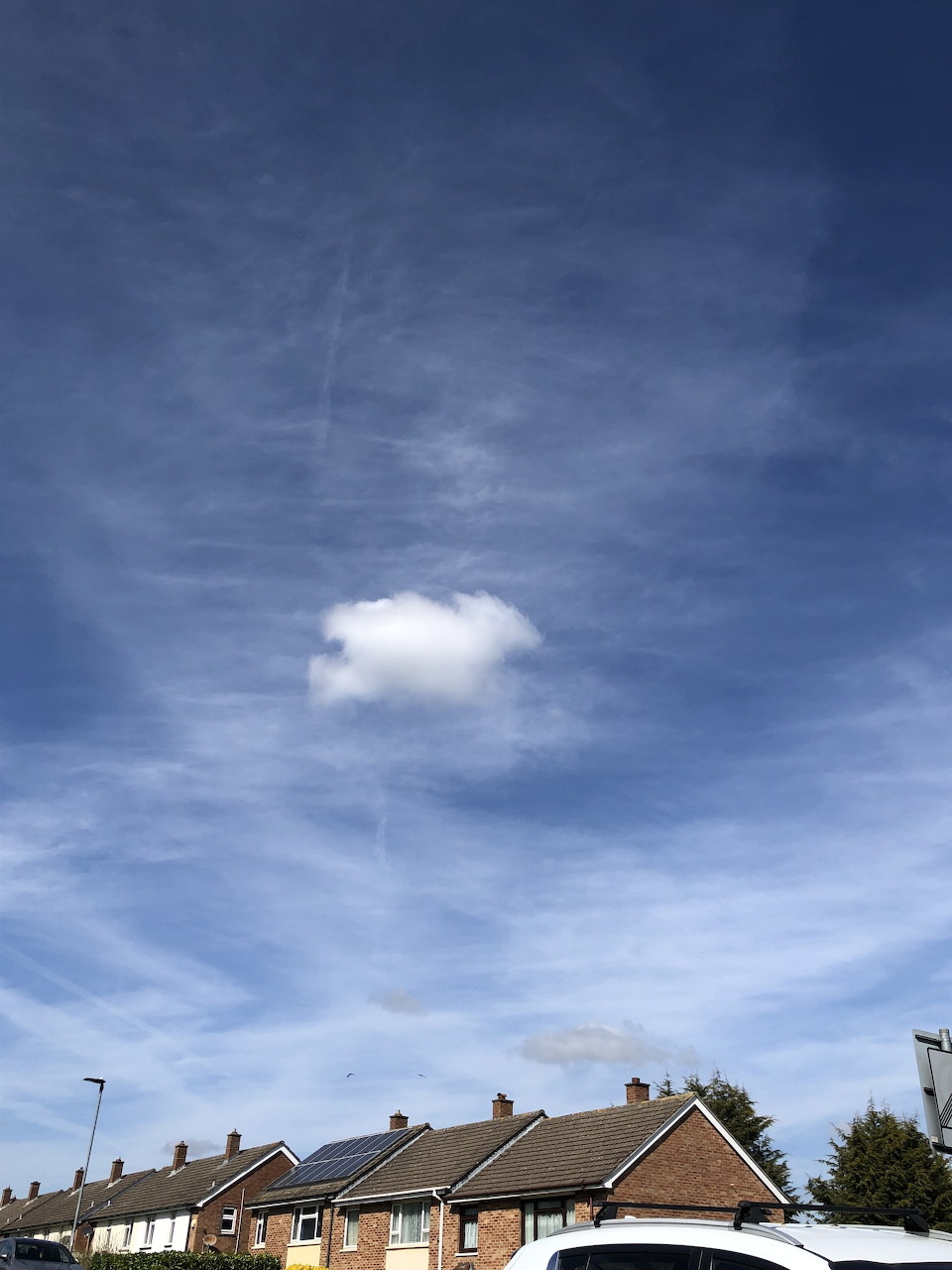 Single white cloud in blue sky over residential rooftops