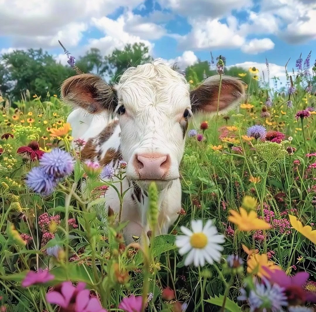 Brown and white cow in colorful wildflower meadow with blue sky