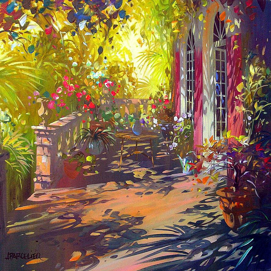 Colorful painting of a sunny porch with flowers, plants, and shadows on a garden path