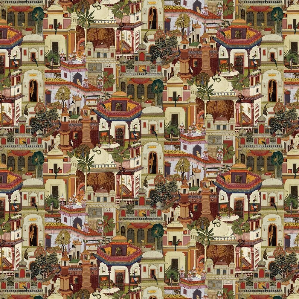 Seamless pattern of Middle Eastern buildings with domes, arches, and palm trees in beige, brown, and terracotta colors