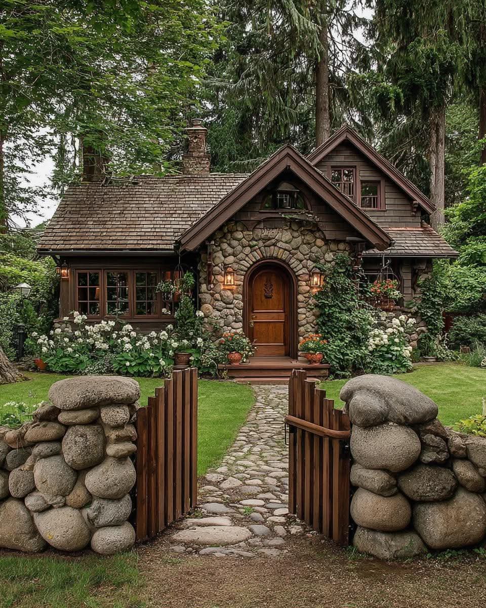 Stone and wood cottage with arched door, flower garden, coblestone path, and rustic wooden gate