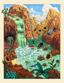 Colorful illustrated canyon scene with turquoise waterfall, large sunflowers, statue, and small human figures