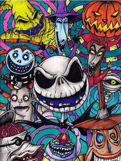 Colorful drawing of Nightmare Before Christmas characters with Jack Skellington in the center surrounded by swirling patterns